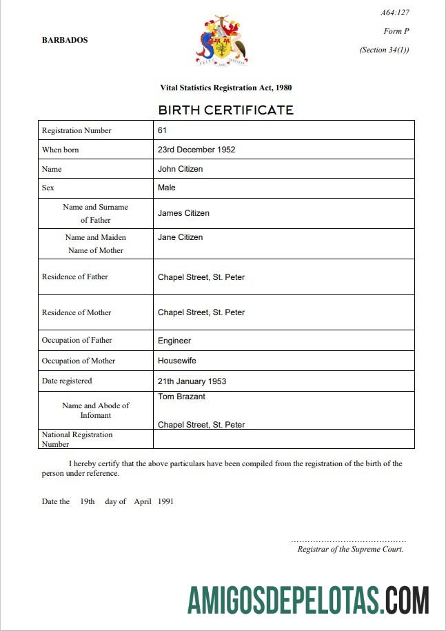 Em branco modelo de certidão de nascimento de Barbados em formato Word e PDF