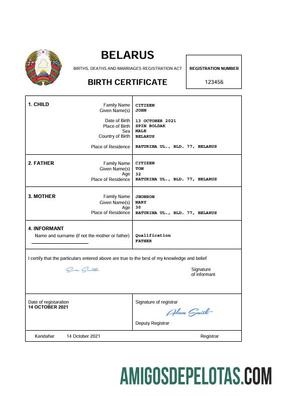 Imprimível modelo Word e PDF de certidão de nascimento de registro vital da Bielorrússia