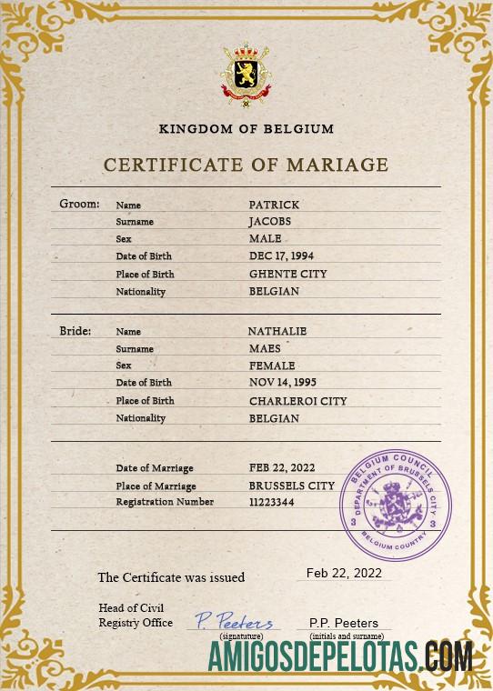 Imprimível modelo PSD de certidão de casamento na Bélgica