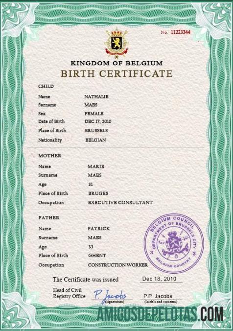 Em branco modelo PSD de certidão de nascimento de registro vital da Bélgica