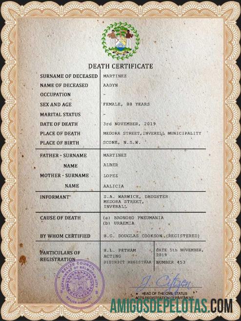 realista Modelo PSD de certidão de óbito de Belize