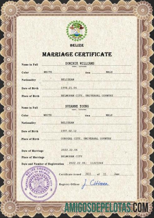 para download Modelo PSD de certidão de casamento de Belize