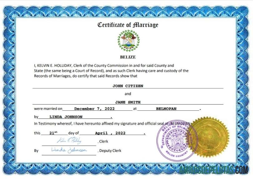 Em branco modelo Word e PDF de certidão de casamento de Belize