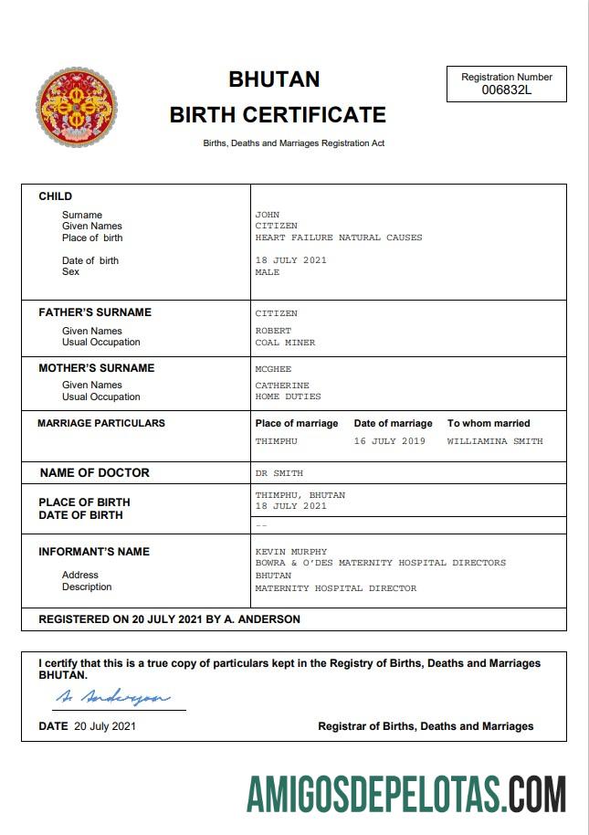 para download Modelo Word e PDF de certidão de nascimento de registro vital do Butão