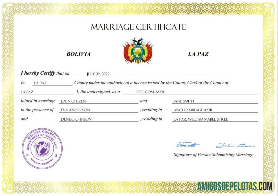 Imprimível modelo Word e PDF de certidão de casamento da Bolívia