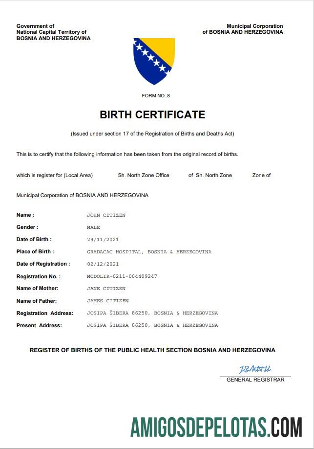 Imprimível modelo Word e PDF de certidão de nascimento de registro vital da Bósnia e Herzegovina