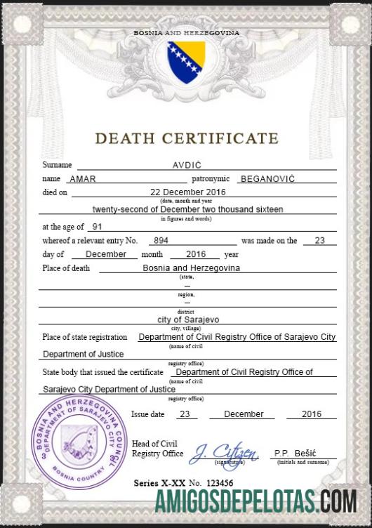 para download Modelo PSD de certidão de óbito de registro vital da Bósnia e Herzegovina