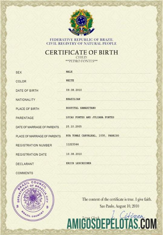 realista Modelo PSD de certidão de nascimento de registro vital do Brasil