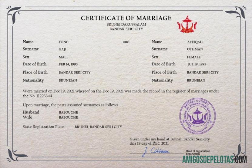 Em branco modelo PSD de certidão de casamento de Brunei