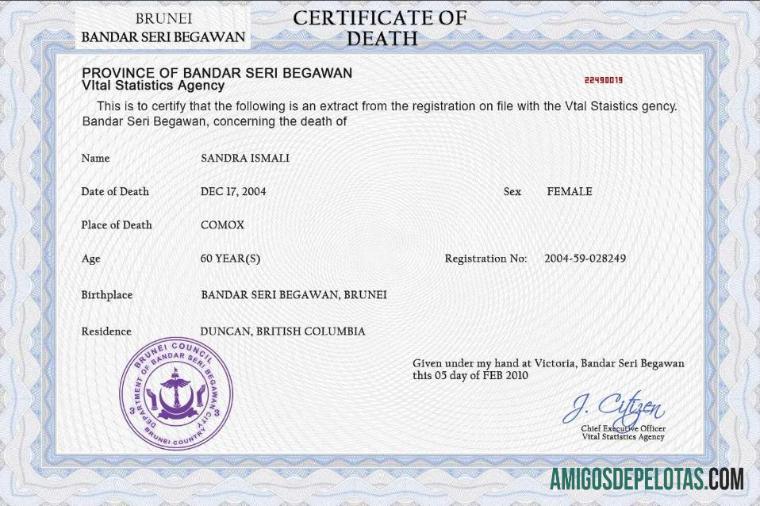para download Modelo PSD de certidão de óbito de registro vital de Brunei