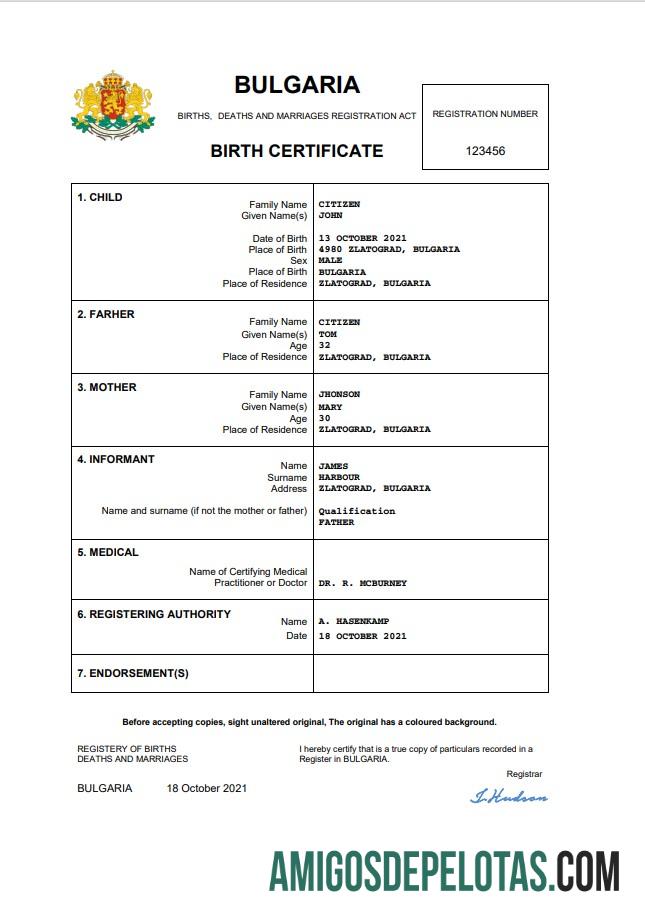 para download Modelo Word e PDF de certidão de nascimento de registro vital da Bulgária