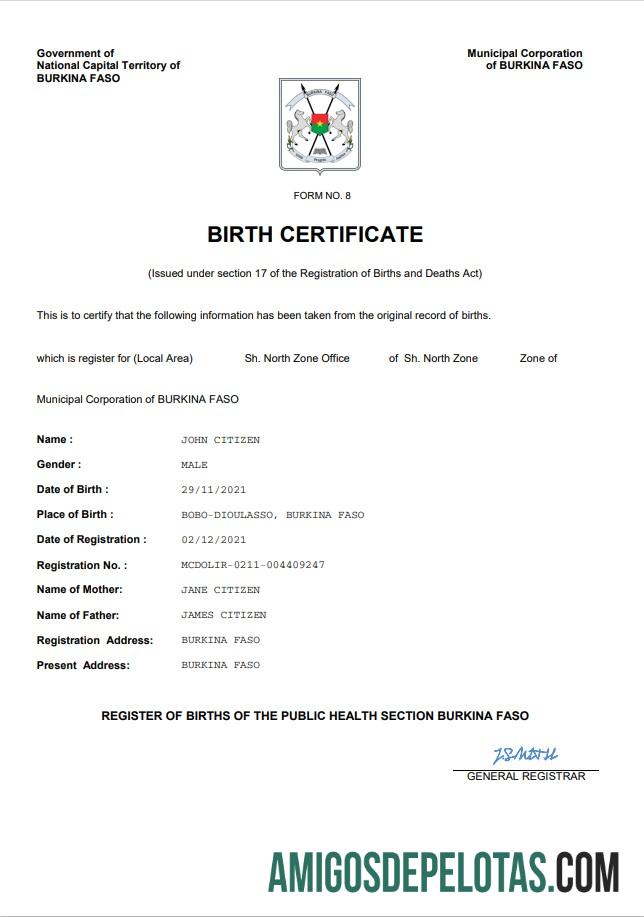 Em branco modelo Word e PDF de certidão de nascimento de Burkina Faso
