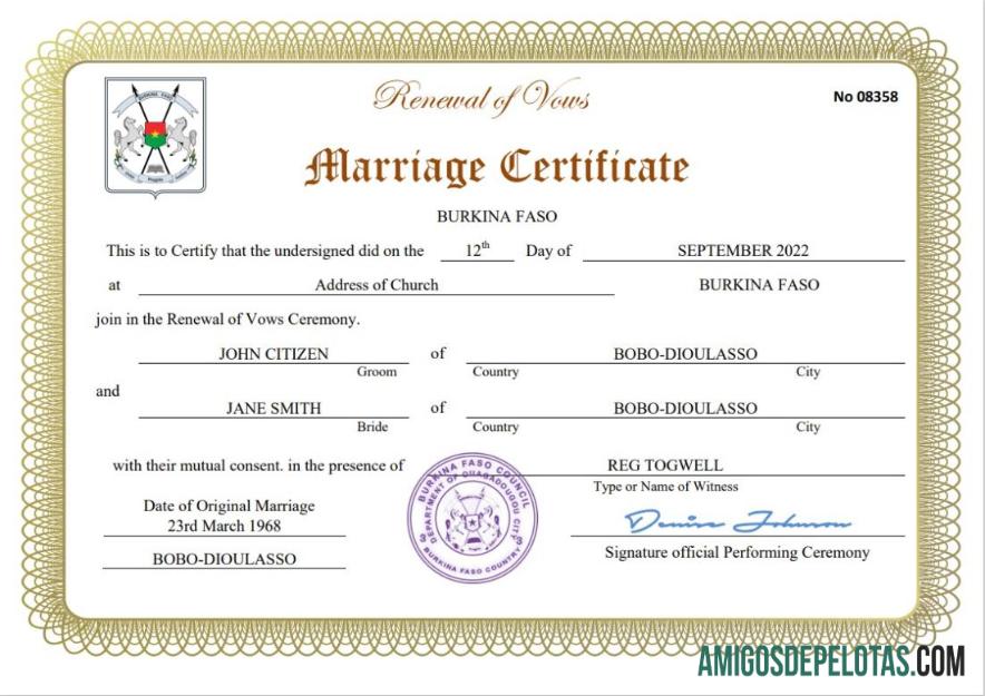 Imprimível modelo Word e PDF de certidão de casamento de Burkina Faso