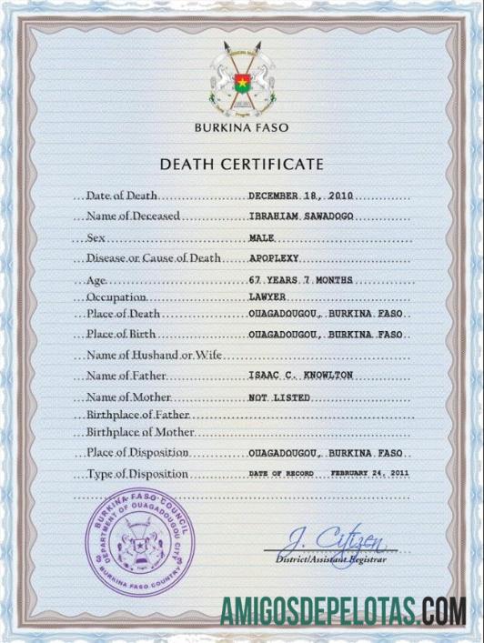 para download Modelo PSD de certidão de óbito de registro vital de Burkina Faso