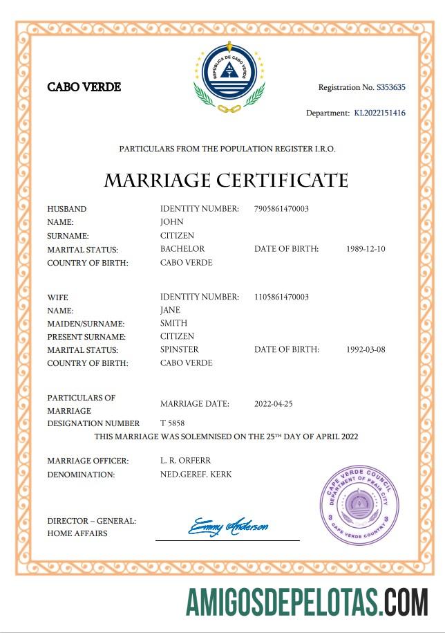 Imprimível modelo Word e PDF de certidão de casamento de Cabo Verde