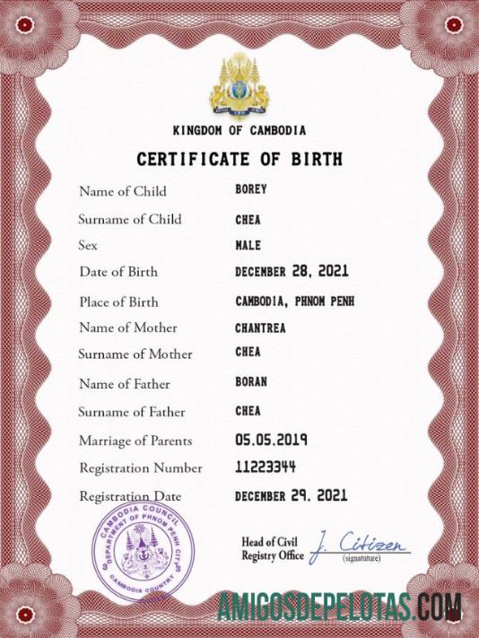 para download Modelo PSD de certidão de nascimento do Camboja