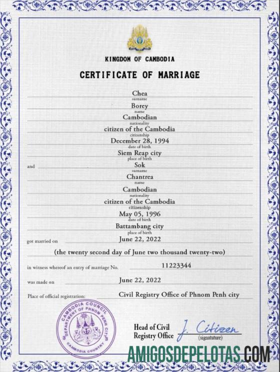 para download Modelo PSD de certidão de casamento no Camboja