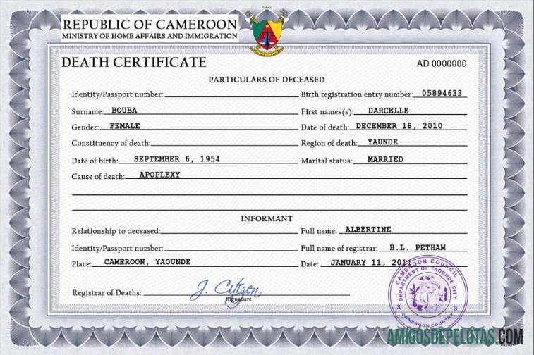 Certidão de Óbito de Camarões baixar para verificação