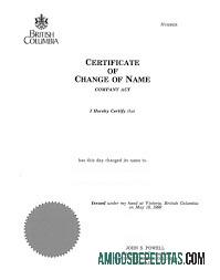 Certificado de mudança de nome do Registro de empresas da Colúmbia Britânica do Canadá modelo