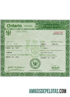 Certidão de Óbito Canadá Ontário baixar para verificação
