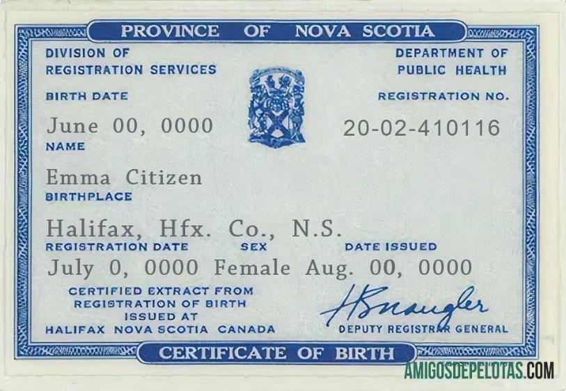 Em branco modelo de certidão de nascimento da província canadense da Nova Escócia em formato PSD