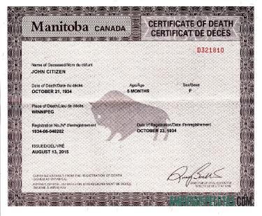 Certidão de Óbito de Partida de Estatísticas Vitais do Canadá exemplo real