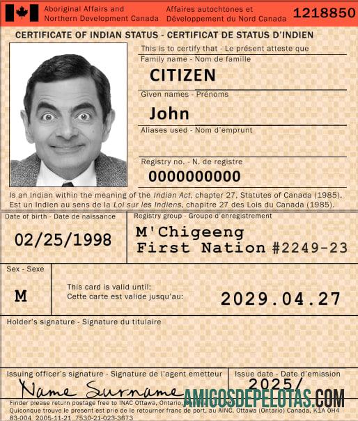 Certificado Canadense de Status Indiano exemplo real