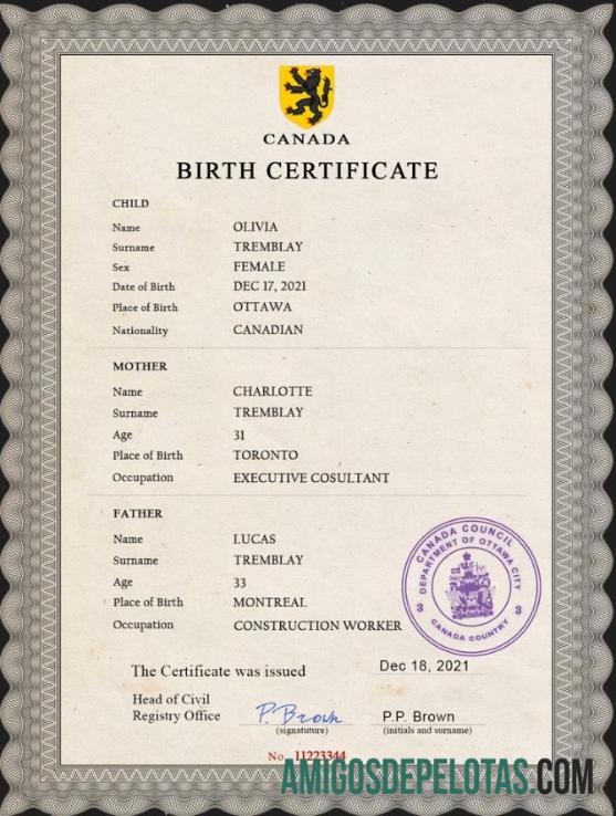 realista Modelo PSD de certidão de nascimento de registro vital do Canadá