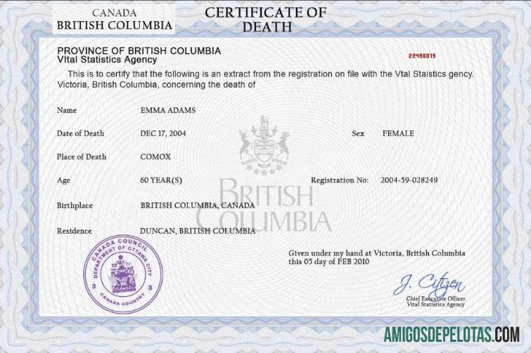 Imprimível modelo PSD de certidão de óbito de registro vital do Canadá