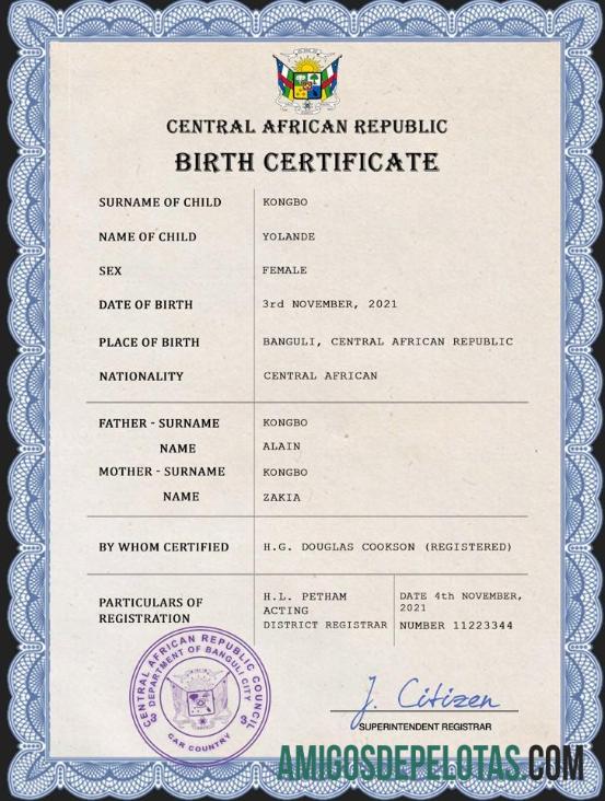 Certidão de Nascimento da República Centro-Africana exemplo
