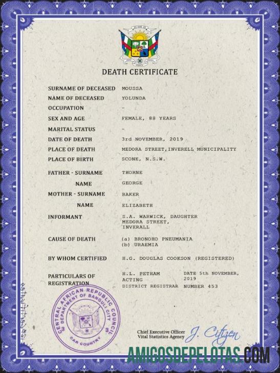 Em branco modelo PSD de certidão de óbito da República Centro-Africana