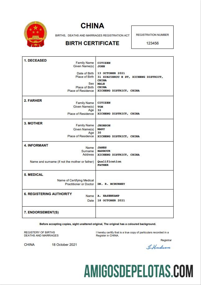 realista Modelo Word e PDF de certidão de nascimento na China