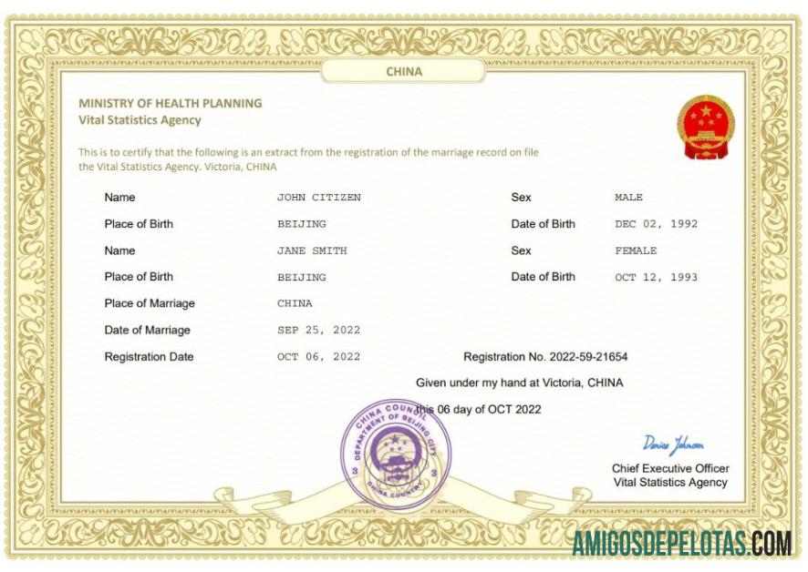 realista Modelo Word e PDF de certidão de casamento na China