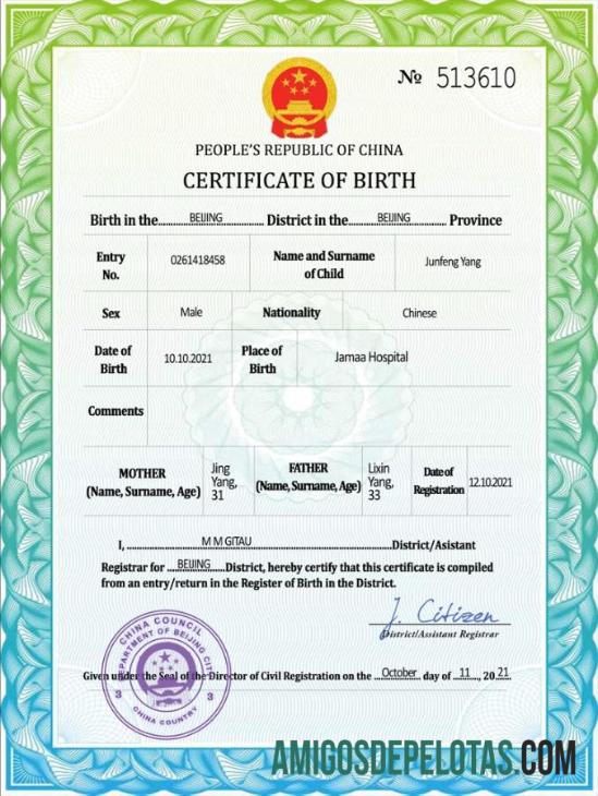 Em branco modelo PSD de certidão de nascimento de registro vital da China