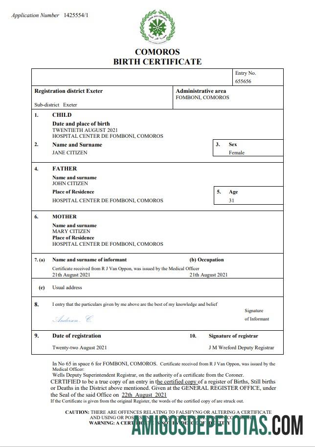 Imprimível modelo Word e PDF de certidão de nascimento de Comores