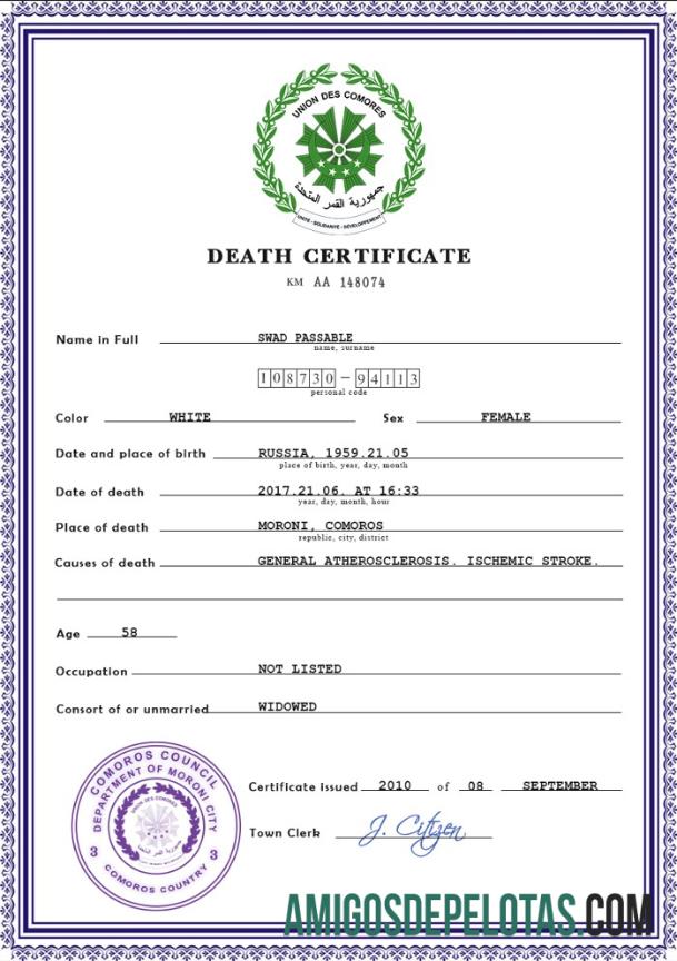 Imprimível modelo PSD de certidão de óbito de Comores