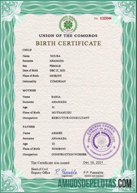 Imprimível modelo PSD de certidão de nascimento de registro vital de Comores