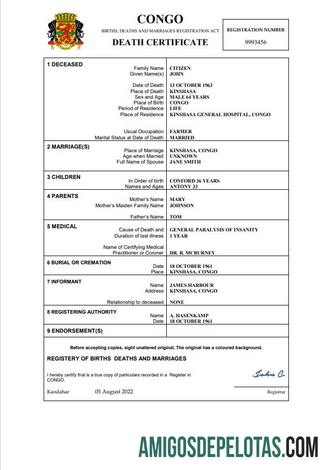 Em branco modelo Word e PDF de certidão de óbito do Congo