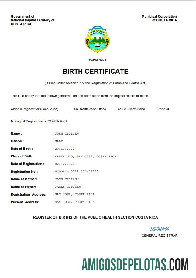 Em branco modelo Word e PDF de certidão de nascimento da Costa Rica