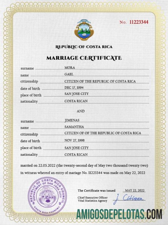 para download Modelo PSD de certidão de casamento da Costa Rica
