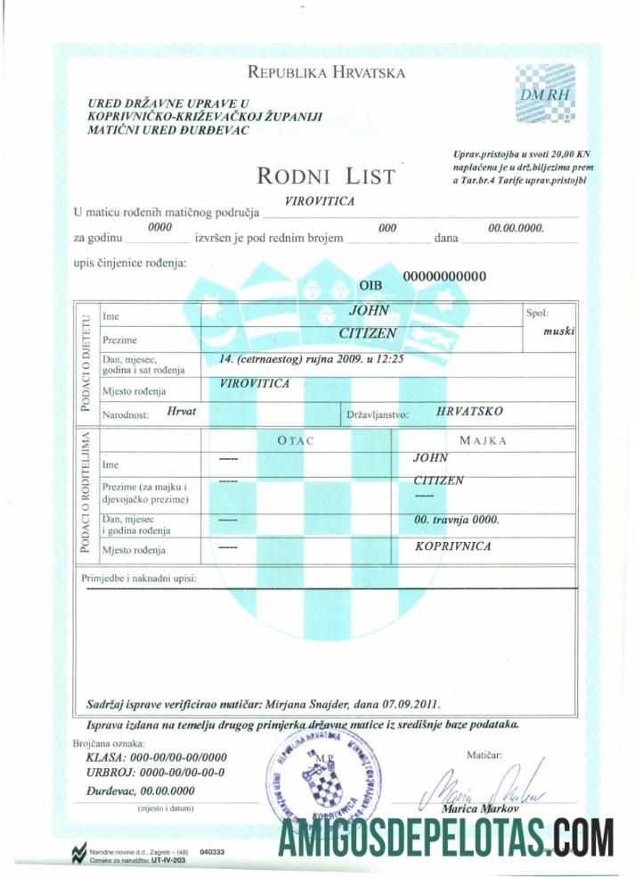 Certidão de Nascimento da Croácia baixar para verificação