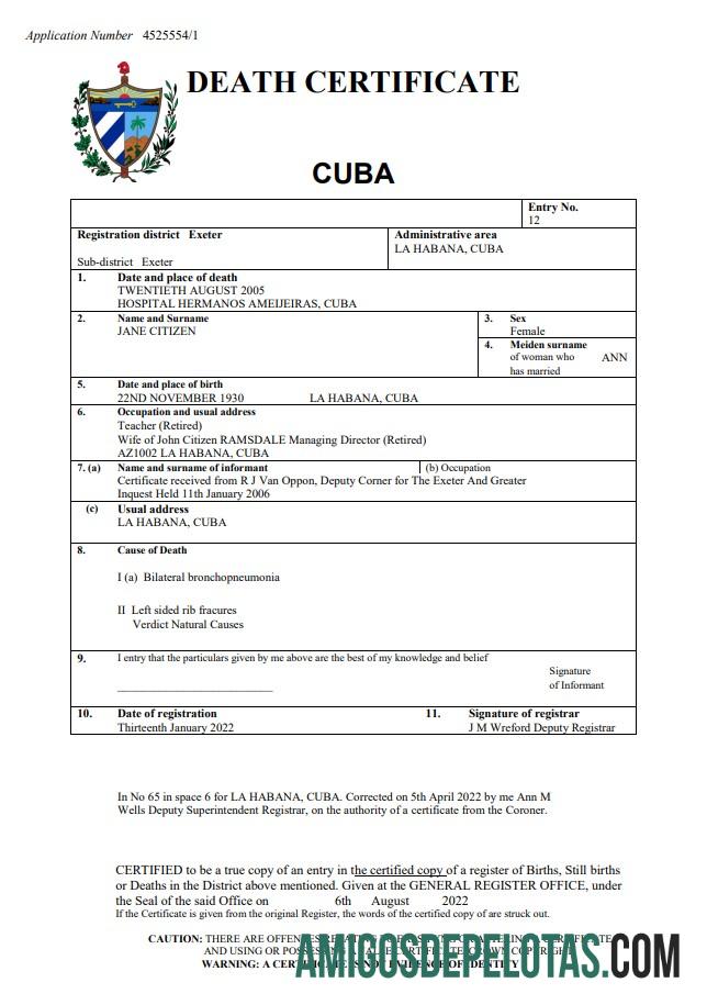 para download Modelo Word e PDF de certidão de óbito de Cuba