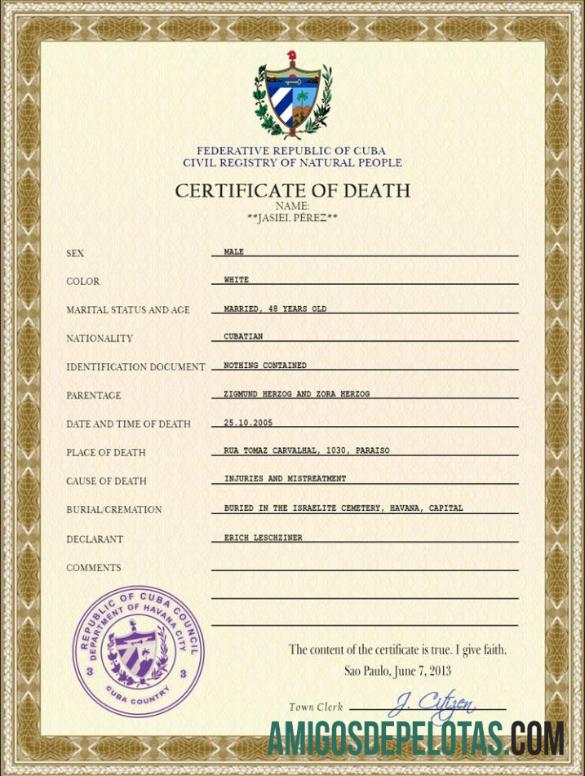 para download Modelo PSD de certidão de óbito de registro vital de Cuba