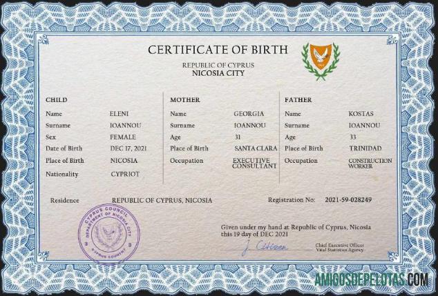 Em branco modelo PSD de certidão de nascimento de registro vital de Chipre