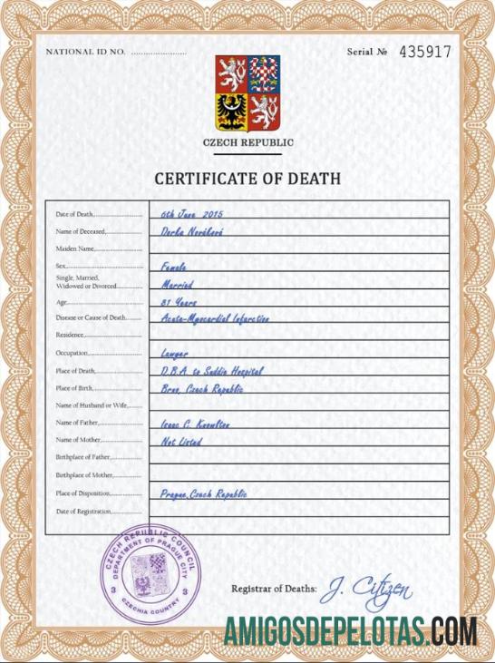 realista Modelo PSD de certidão de óbito da República Tcheca