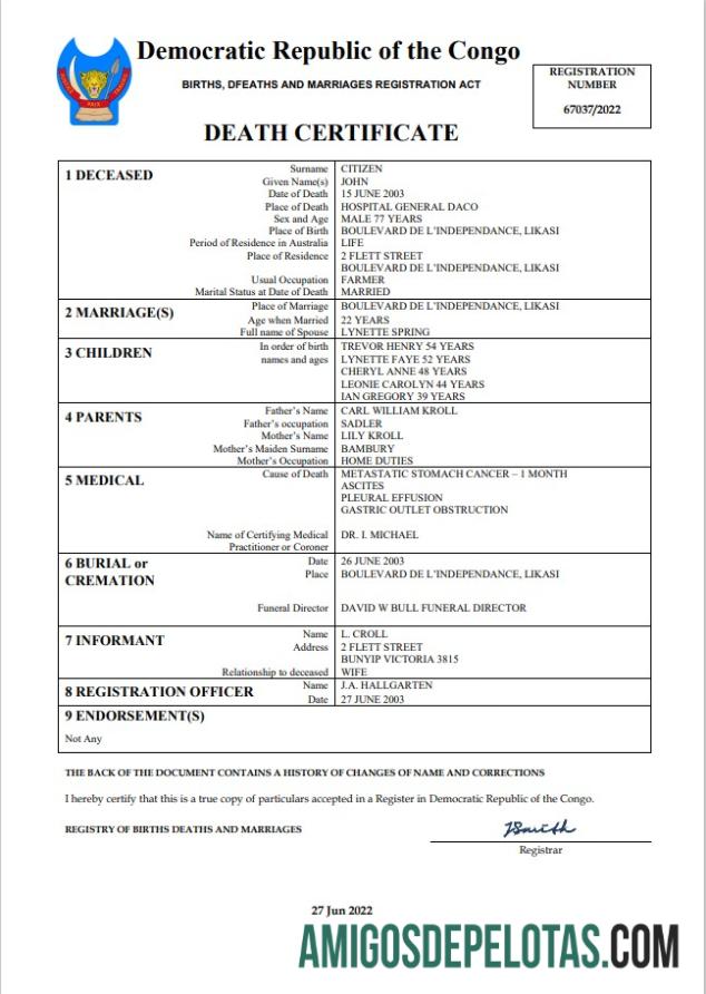 realista República Democrática do Congo Registro Vital Certidão de Óbito Word e Modelo PDF