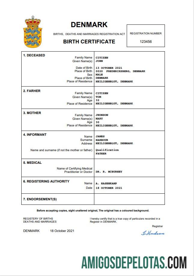 Em branco modelo Word e PDF de certidão de nascimento de registro vital da Dinamarca