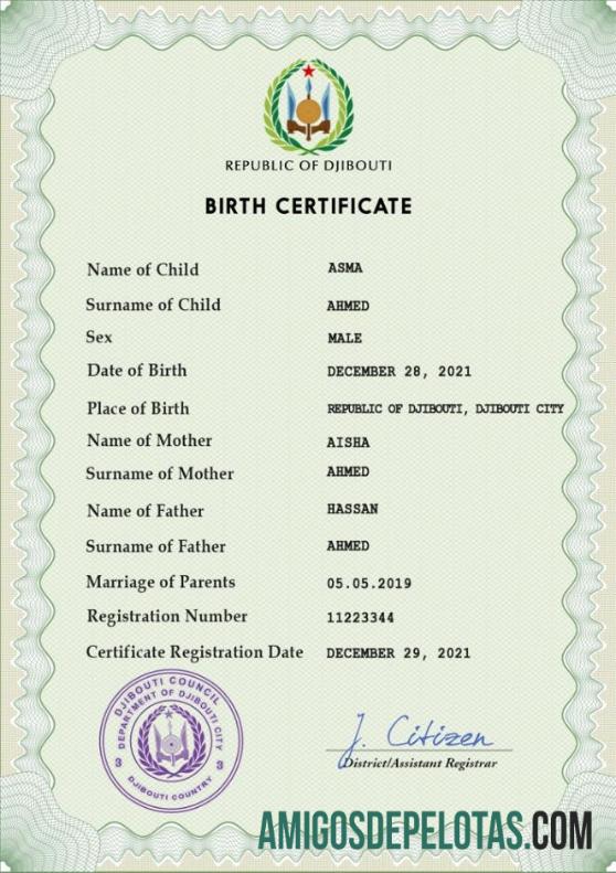 para download Modelo PSD de certidão de nascimento de registro vital de Djibuti