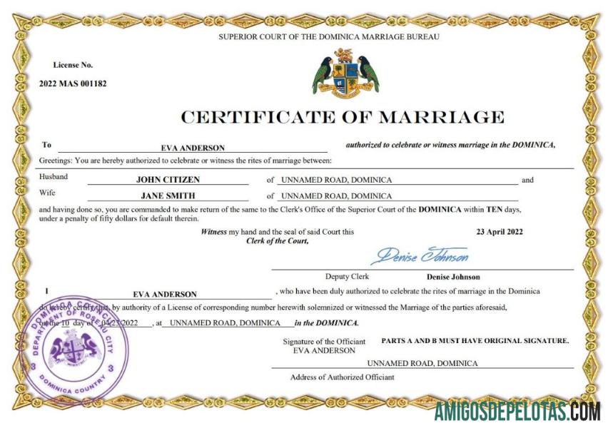 Em branco modelo Word e PDF de certidão de casamento da Dominica