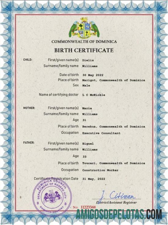para download Modelo PSD de certidão de nascimento de registro vital de Dominica